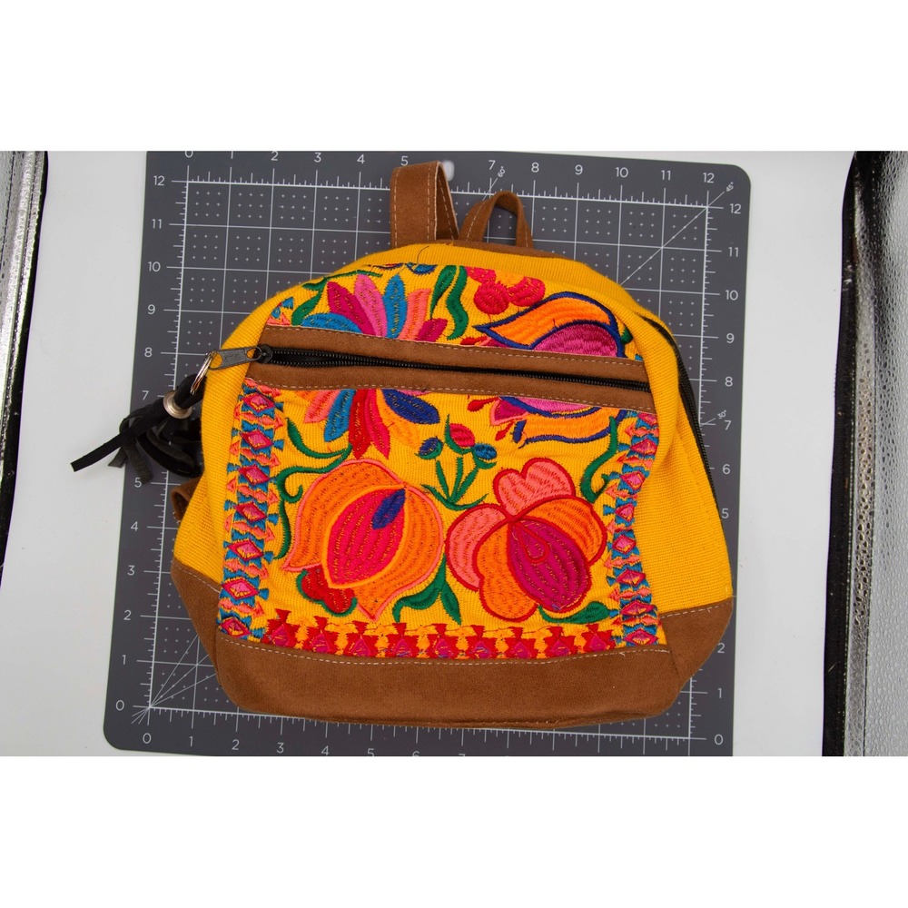 Boho Floral Embroidered Mini Backpack Yellow Canvas Brown Faux Suede Tassel Bag